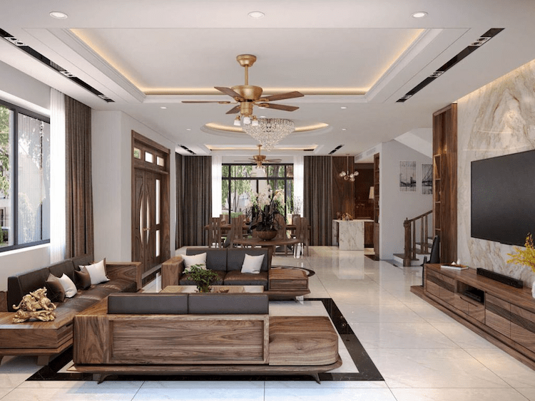 Mẫu trần thạch cao phòng khách 35m2 đẹp, thiết kế theo phong cách truyền thống ấm cúng